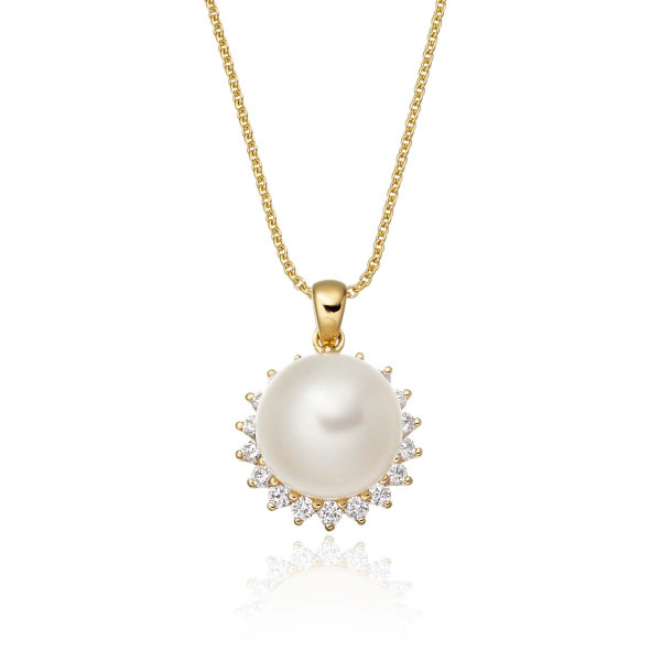 Freshwater Single Pearl Pendant 0.17ct Diamond Halo 9K Yellow Gold