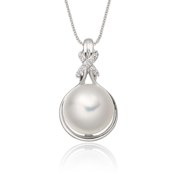 Freshwater Single Pearl Pendant 0.06ct Diamond Knot 9K White Gold