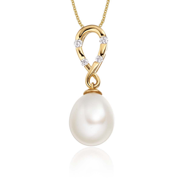 Freshwater Single Pearl Drop Pendant 0.08ct Diamond 9K Yellow Gold