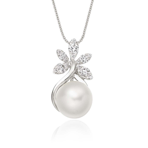 Freshwater Single Pearl Drop Pendant 0.36ct Diamond 18K White Gold