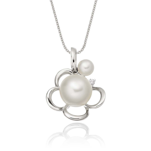 Flower Freshwater Pearl Pendant Necklace 0.02ct Diamond 9K White Gold