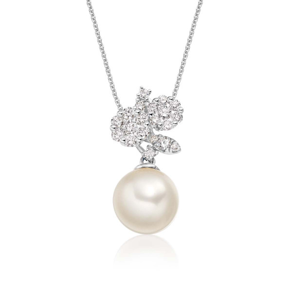 Freshwater Single Pearl Drop Pendant 0.29ct Diamond 18K White Gold