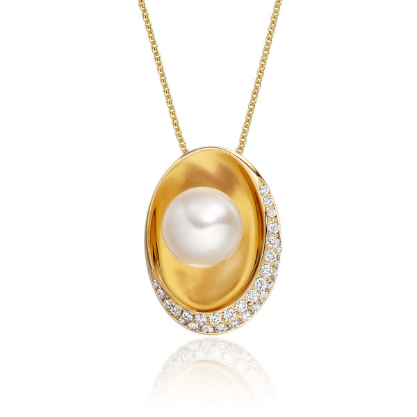 Freshwater Single Pearl Cocoon Pendant 0.14ct Diamond 9K Yellow Gold
