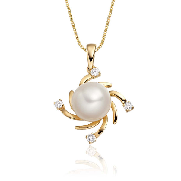 Freshwater Single Pearl Pendant 0.09ct Diamond in 9K Yellow Gold