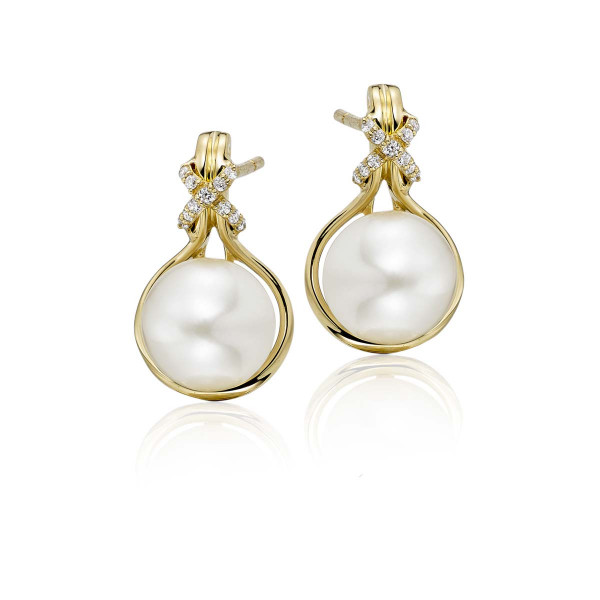 Freshwater Pearl Diamond Drop Earrings 0.08ct Diamond 9K Yellow Gold