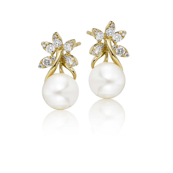 Freshwater Pearl Diamond Drop Earrings 0.47ct Diamond 18K Yellow Gold