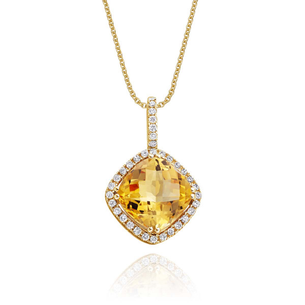 2.15ct Cushion Citrine Pendant Necklace With Diamonds 9K Yellow Gold