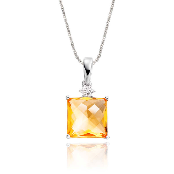 2.65ct Square Citrine Pendant Necklace With Diamonds 18K White Gold