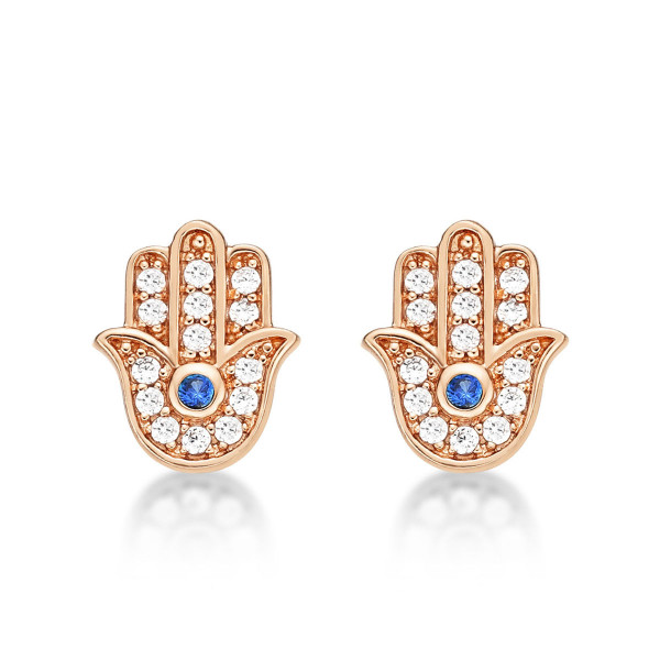 Rose Gold Plated Sterling Silver Hamza Hand Earrings with Cubic Zirconia