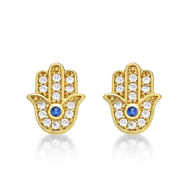 Yellow Gold Plated Sterling Silver Hamza Hand Earrings with Cubic Zirconia