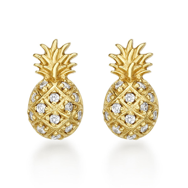 Yellow Gold Plated Sterling Silver Pineapple Earrings with Cubic Zirconia