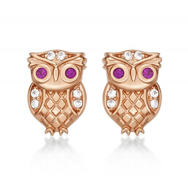 Rose Gold Plated Sterling Silver Owl Earrings with Cubic Zirconia