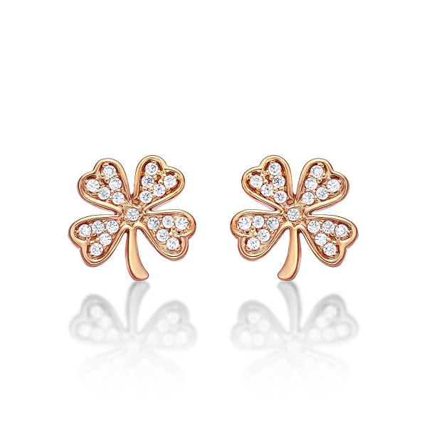Rose Gold Plated Sterling Silver 4 Leaf Clover Earrings with Cubic Zirconia