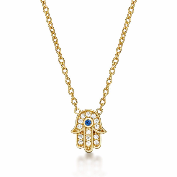 Yellow Gold Plated Sterling Silver HAMZA HAND Pendant Necklace with Cubic Zirconia