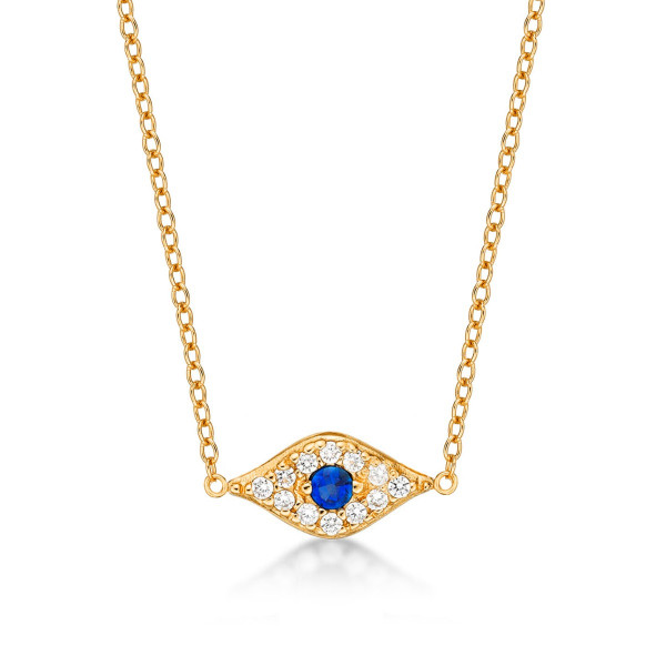 Yellow Gold Plated Sterling Silver EVIL EYE Pendant Necklace with Cubic Zirconia