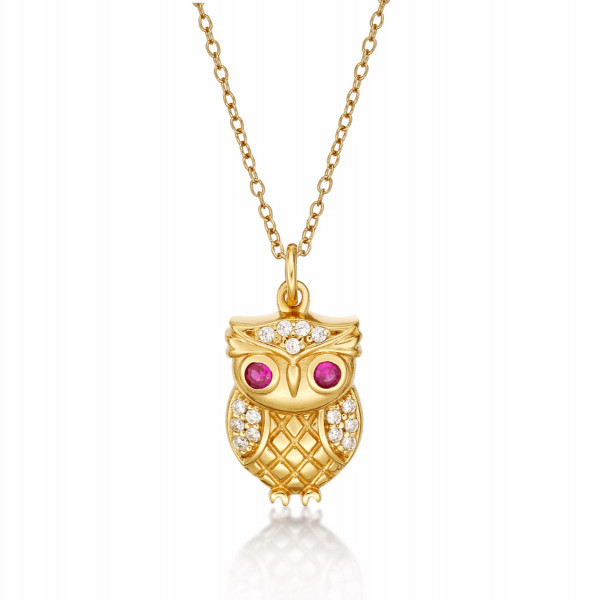 Gold Plated Sterling Silver OWL Pendant Necklace with Cubic Zirconia
