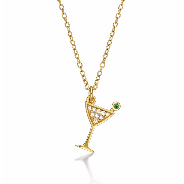 Gold Plated Sterling Silver COCKTAIL GLASS Pendant Necklace with Cubic Zirconia