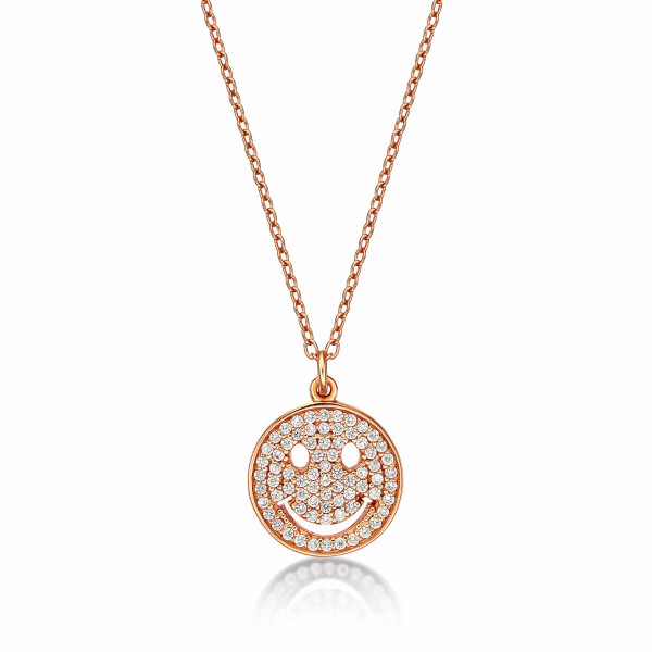 Rose Gold Plated Sterling Silver HAPPY FACE Pendant Necklace with Cubic Zirconia