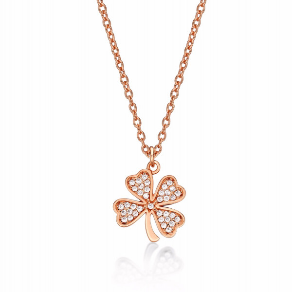 Rose Gold Plated Sterling Silver CLOVER Pendant Necklace with Cubic Zirconia