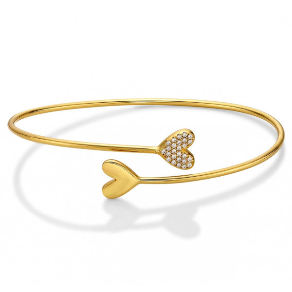 Yellow Gold Plated Sterling Silver Twin Heart Bangle with Cubic Zirconia