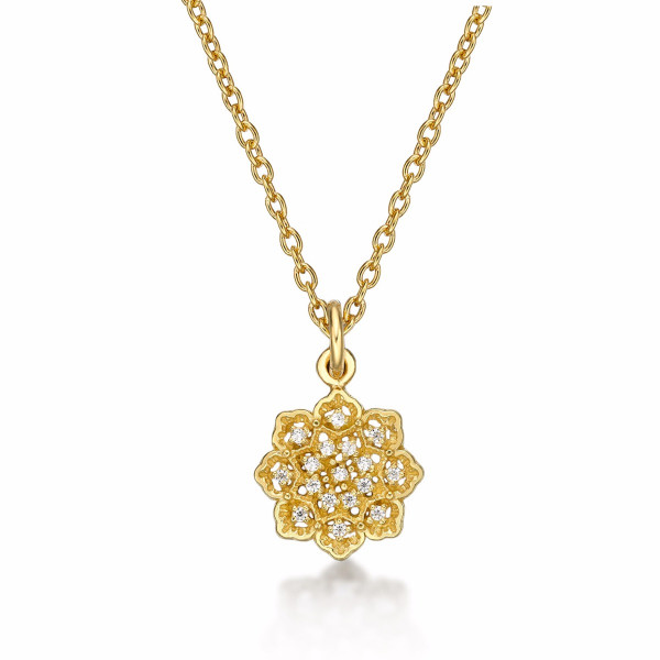 Gold Plated Sterling Silver ORNATE FLOWER Pendant Necklace with Cubic Zirconia