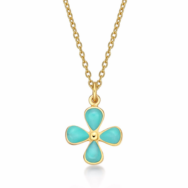 Gold Plated Sterling Silver FLOWER Pendant Necklace with Blue Turquoise