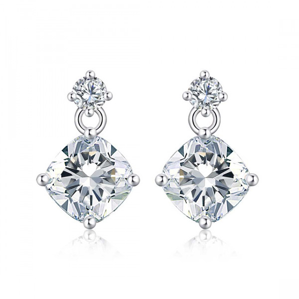 Sterling Silver Cushion Shaped Small Drop Earrings With Cubic Zirconia