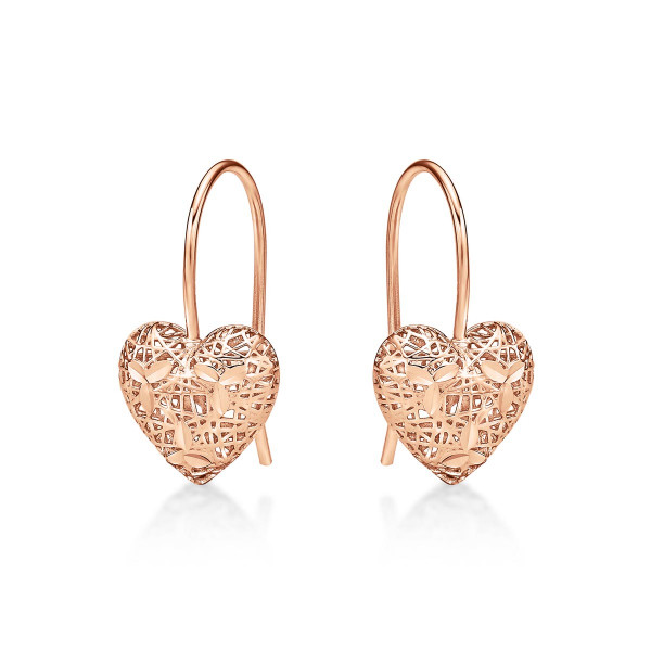 Rose Gold Plated Webbed Heart 925 Sterling Silver Drop Earrings