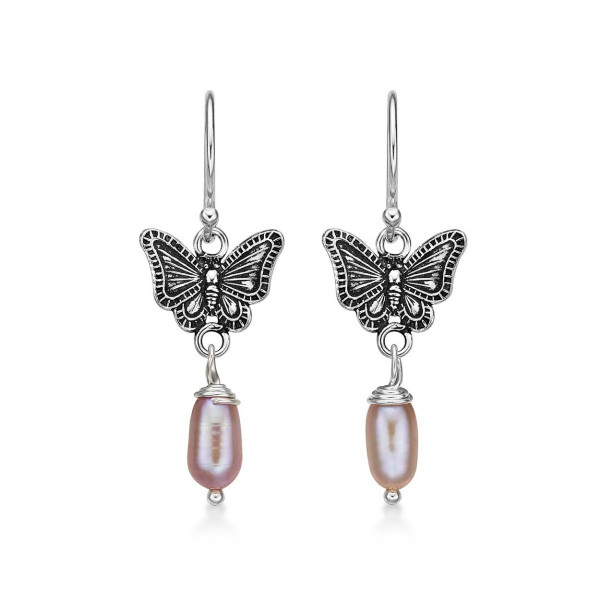 Pearl and Oxidised Butterfly Drop Earrings in 925 Sterling Silver