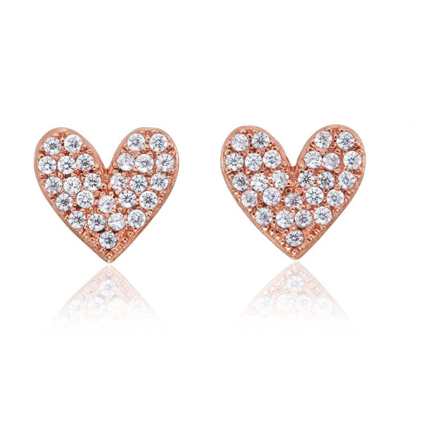 Rose Gold Heart Stud Earrings with Pave Cubic Zirconia in Sterling Silver