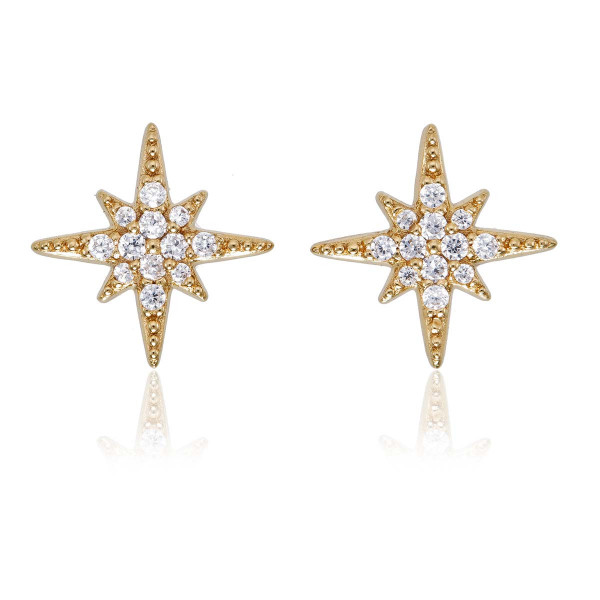 Gold Sparkling Star Stud Earrings Cubic Zirconia in Sterling Silver
