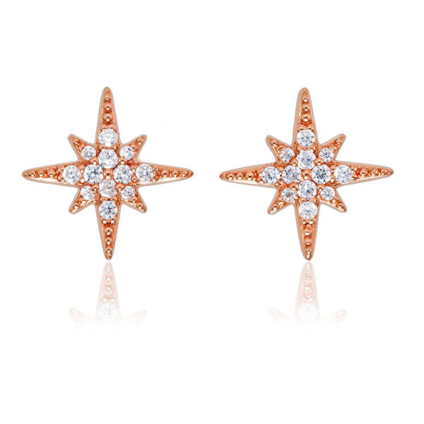 Rose Gold North Star Stud Earrings Cubic Zirconia in Sterling Silver