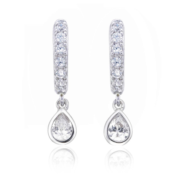 Pear Zirconia Drop Mini Hoop Earrings in Sterling Silver