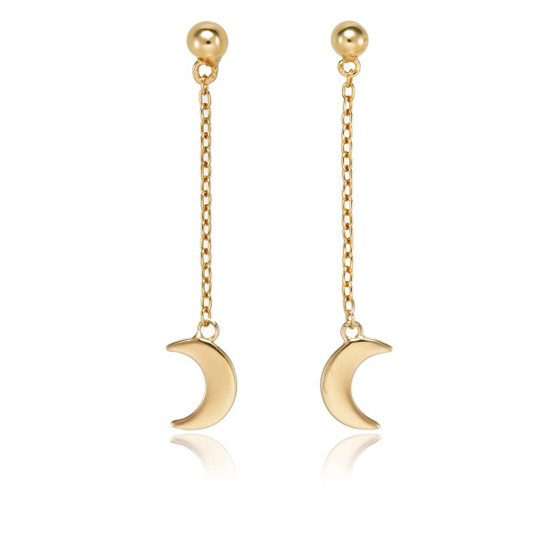 Gold Dangle Crescent Moon Earrings Cubic Zirconia in Sterling Silver
