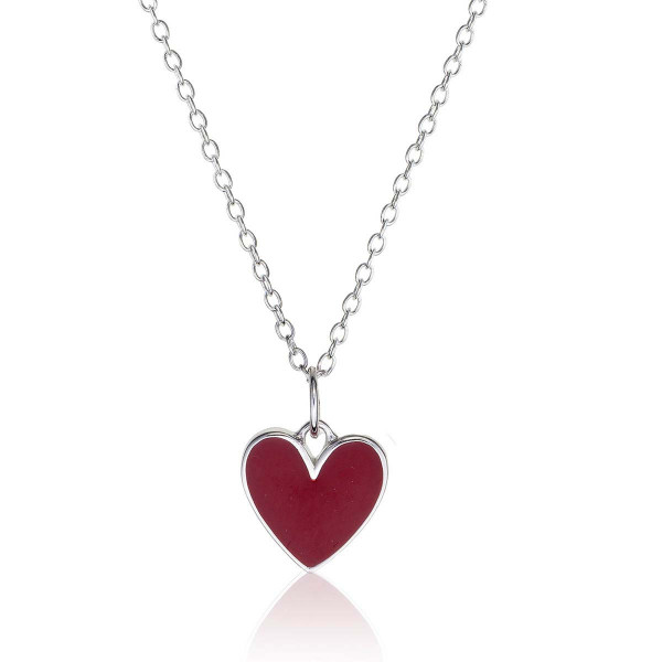 Red Enamel Heart Pendant Necklace in 925 Sterling Silver 