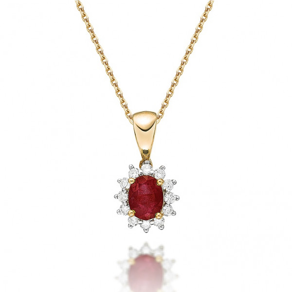 Ruby Pendant Necklace with 0.12ct Diamonds 9K Yellow Gold