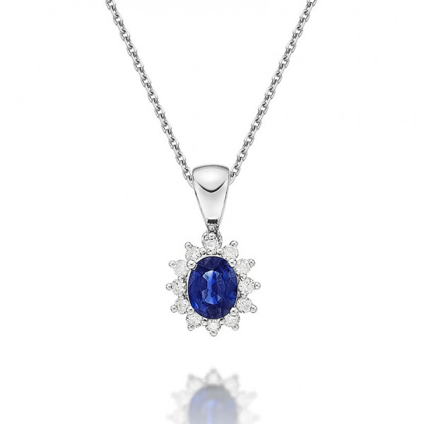 Sapphire Pendant Necklace with 0.12ct Diamonds 9K White Gold
