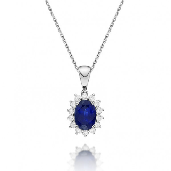 Sapphire Pendant Necklace with 0.21ct Diamonds 18K White Gold