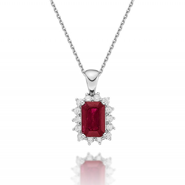Ruby Pendant Necklace with 0.22ct Diamonds 18K White Gold