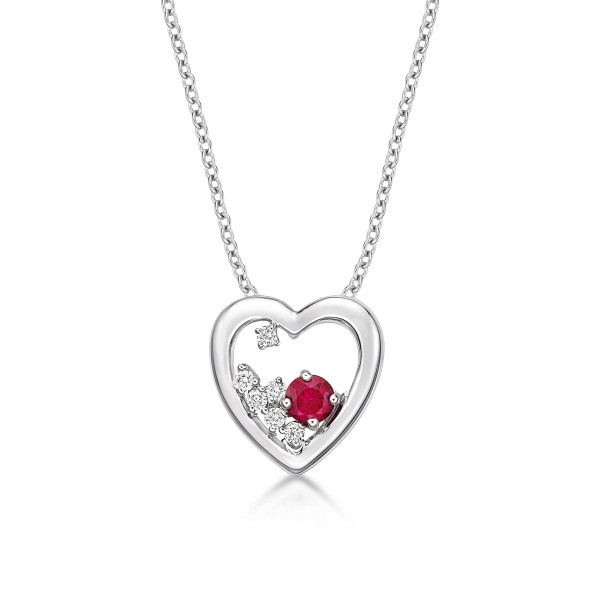 Heart Ruby Pendant Necklace with 0.07ct Diamonds 9K White Gold