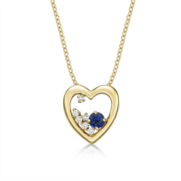 Heart Blue Sapphire Pendant Necklace with 0.07ct Diamonds 9K Yellow Gold