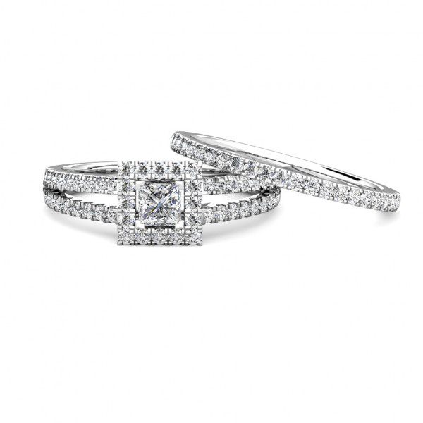 Princess Halo Diamond Cluster Engagement Ring 0.50ct Diamonds in 18K White Gold