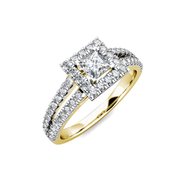 Princess Halo Diamond Cluster Engagement Ring 0.50ct Diamonds in 18K Yellow Gold