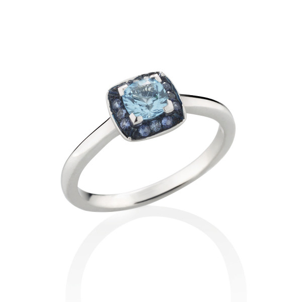 Swiss Blue Topaz and Blue Sapphire Ring in 18K White Gold