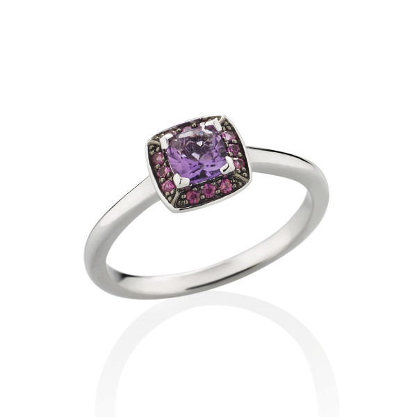 Amethyst and Pink Sapphire Ring in 18K White Gold