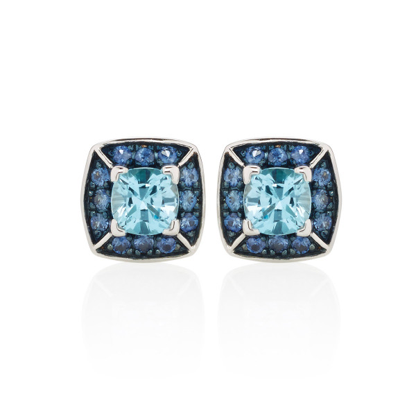 Swiss Blue Topaz and Blue Sapphire Stud Earrings in 18K White Gold