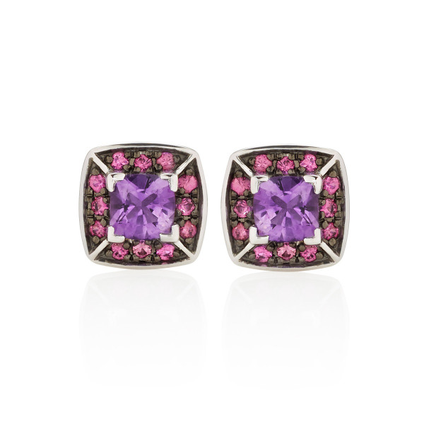 Amethyst and Pink Sapphire Stud Earrings in 18K White Gold