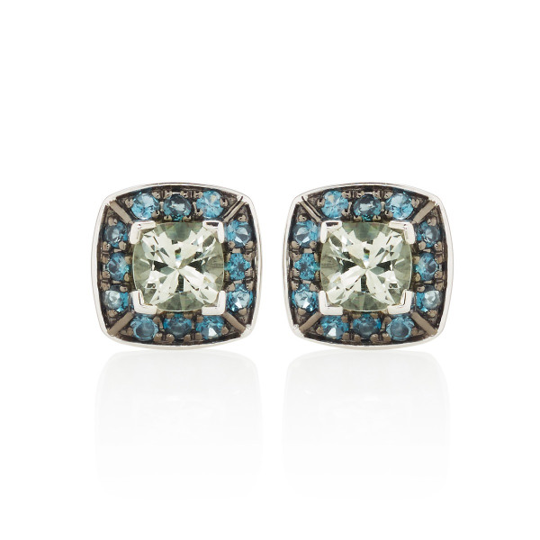 Green Amethyst and London Blue Topaz Stud Earrings in 18K White Gold