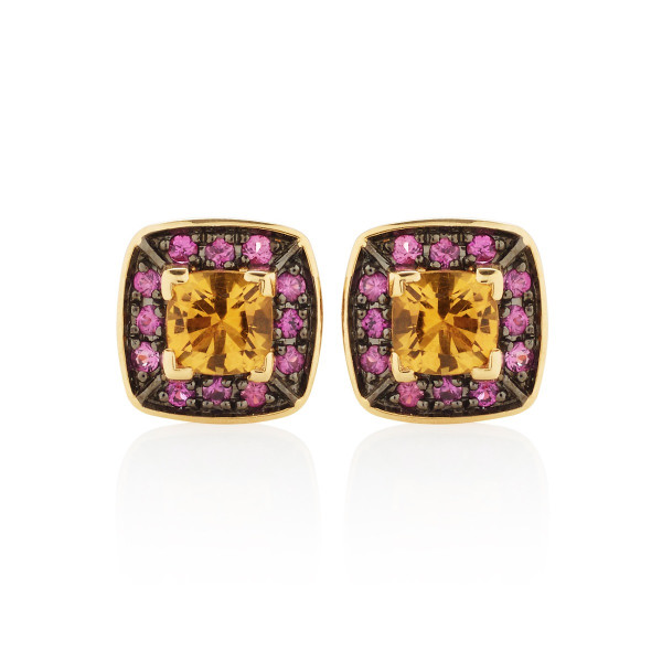 Citrine and Pink Sapphire Stud Earrings in 18K Yellow Gold