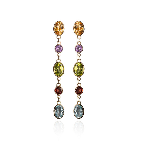 Multi Coloured Natural Gemstone Long Earrings in 9K Yellow Gold